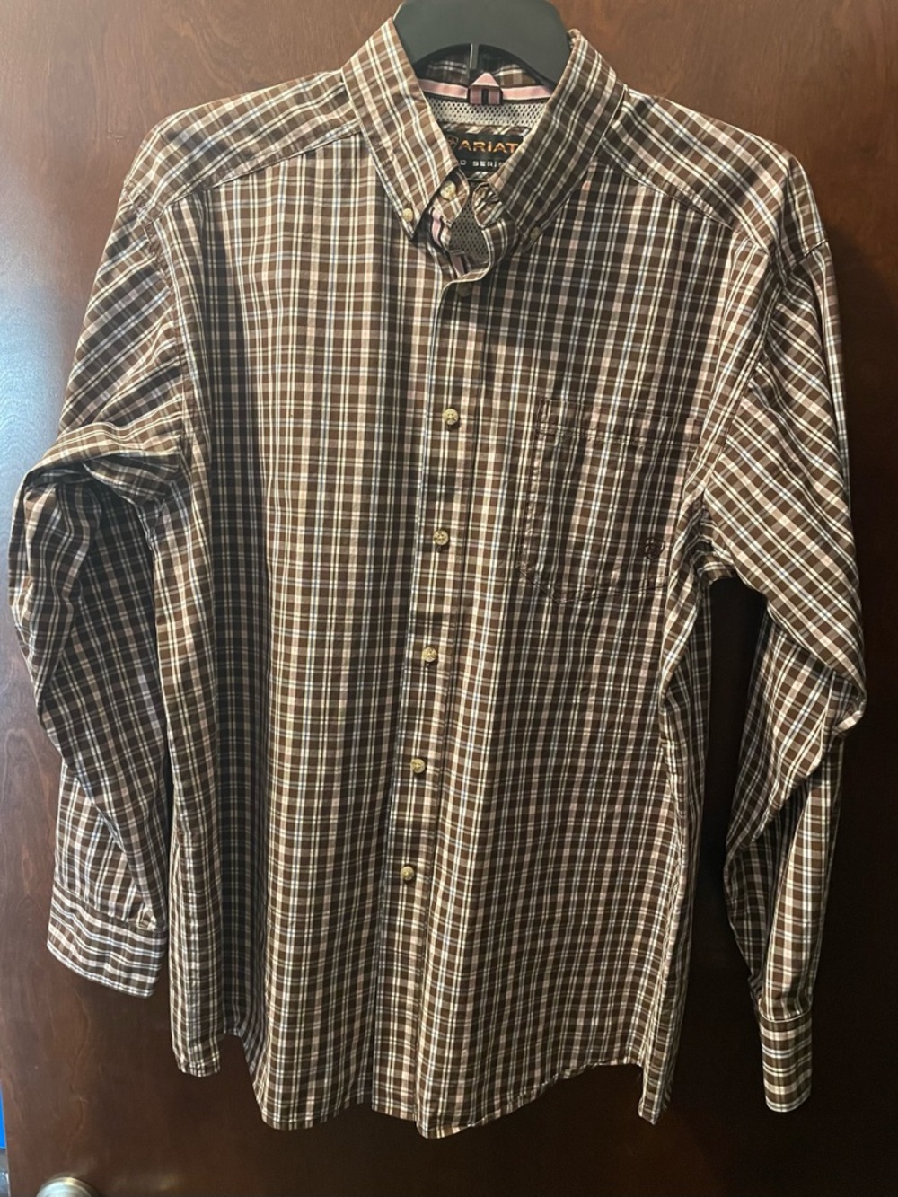 Ariat Pro Series Button Down Shirt Brown, Blue, Pink & White Plaid XL EUC